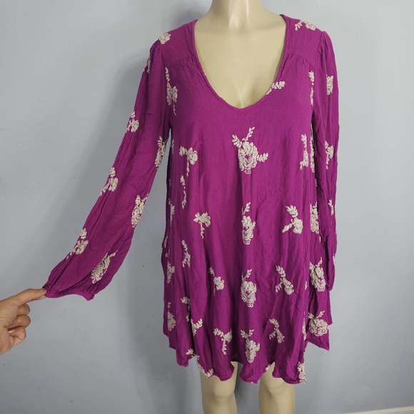Free People Womens Size M Emma Austin Purple Embroidered Long Sleeve Mini Dress - Picture 3 of 16